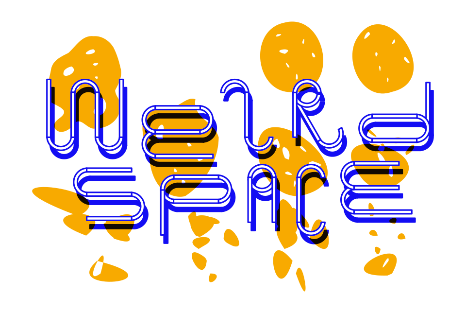 blue weirdspace logo on bright orange blobs